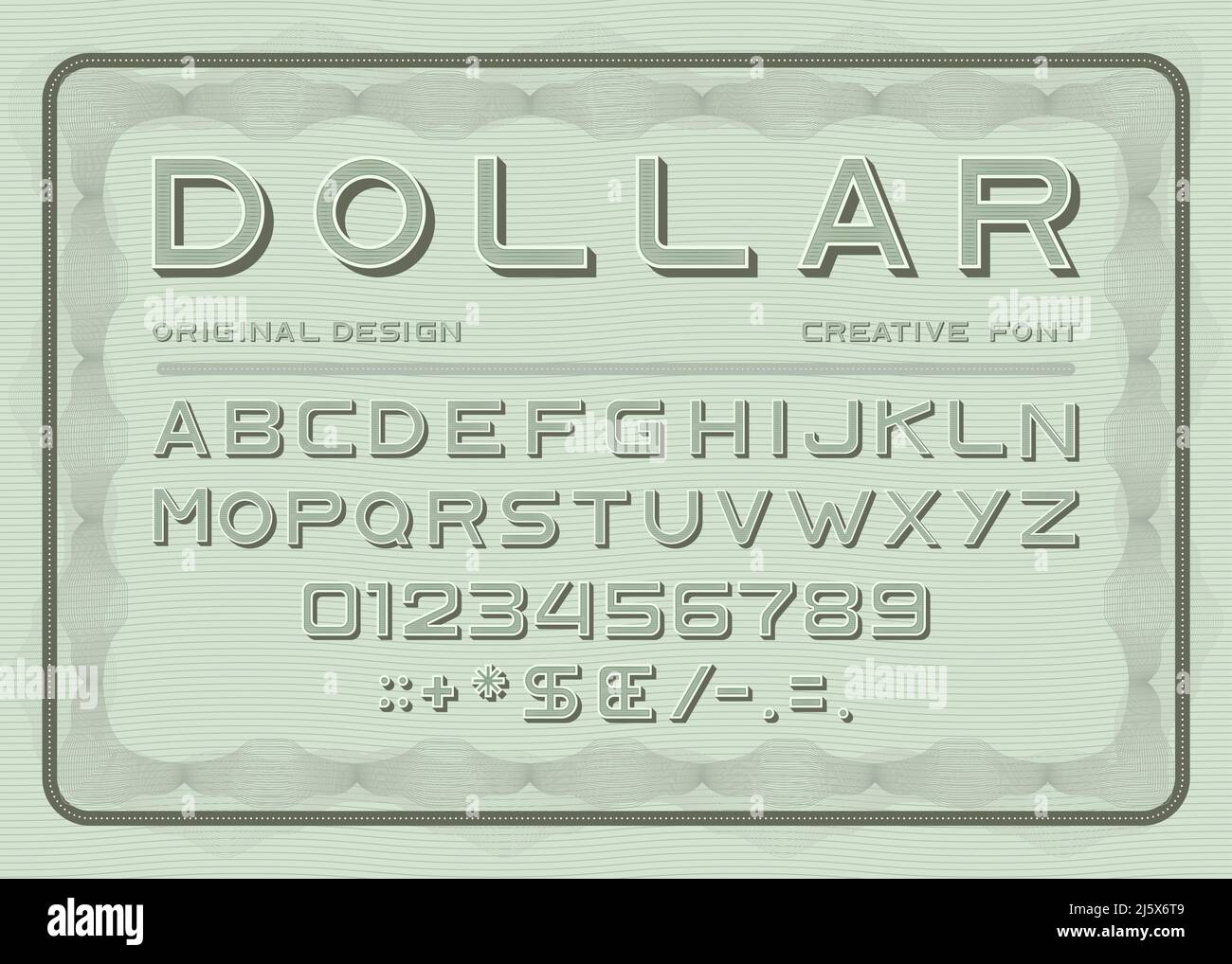 Money font, dollar latin alphabet, numbers and punctuation sans serif