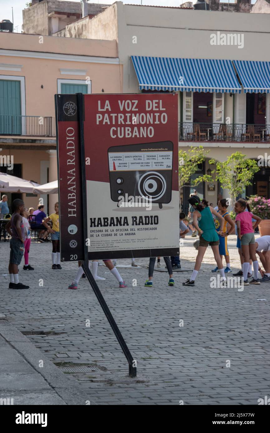 Sign for 'The Voice of Cuban Heritage,' Havana Radio Station, The Office of the Historian of the City of Havana in Plaza Vieja. Stock Photo