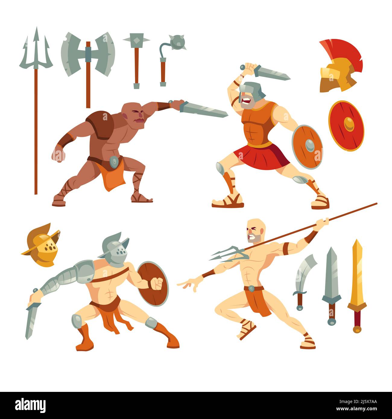 Gladiators set, ancient roman armored spartan warriors fighting on arena with sword, pitchfork and shield, greek soldiers and armor collection isolate Stock Vector