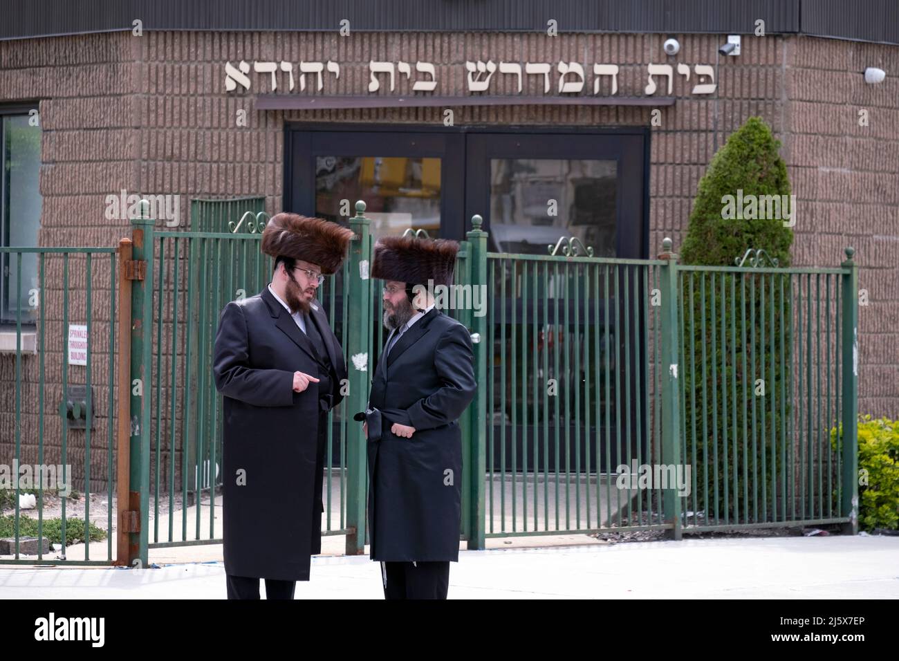 During Passover, hasidic jewish men wearing shtreimel fur hats have a