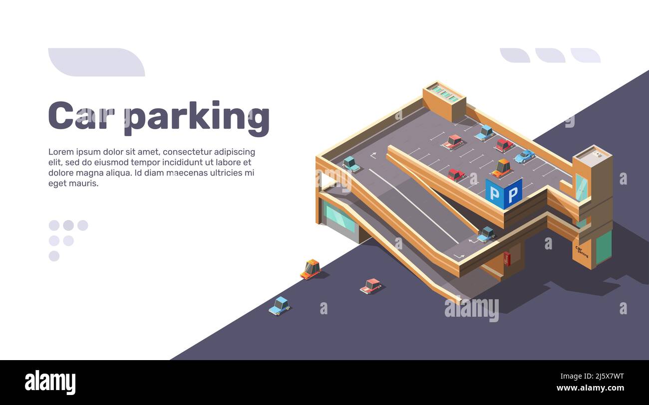 Isometric multi level car parking with elevator. Multistory parking lot building with automobiles on roof. Vector flat infographic illustration of urb Stock Vector