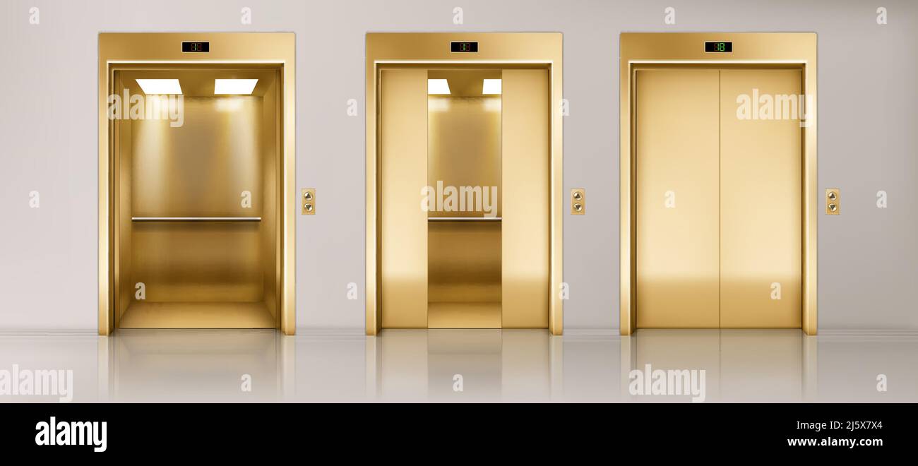 Golden lift doors. Office hallway with closed, half closed and open elevator cabins. Vector realistic empty interior with passenger or cargo lifts wit Stock Vector