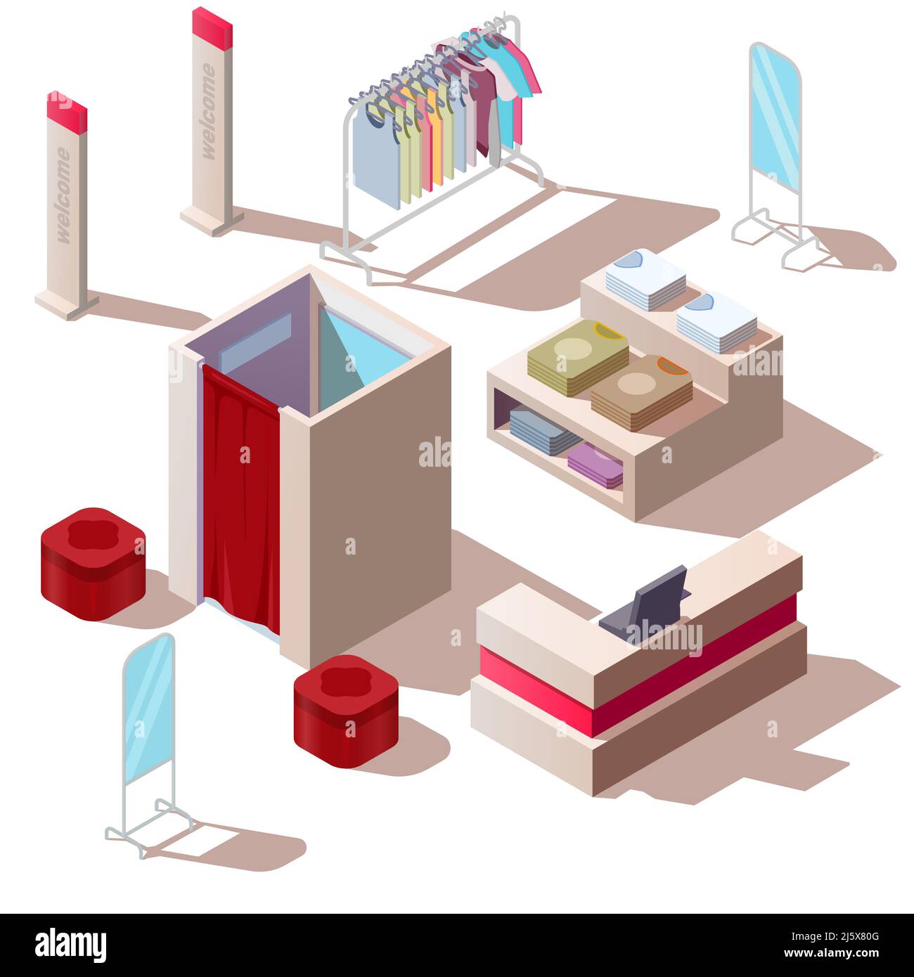 Isometric fashion store in shopping mall. Vector boutique interior with clothes on rack and hanger, cashbox, dressing room and mirrors isolated on whi Stock Vector