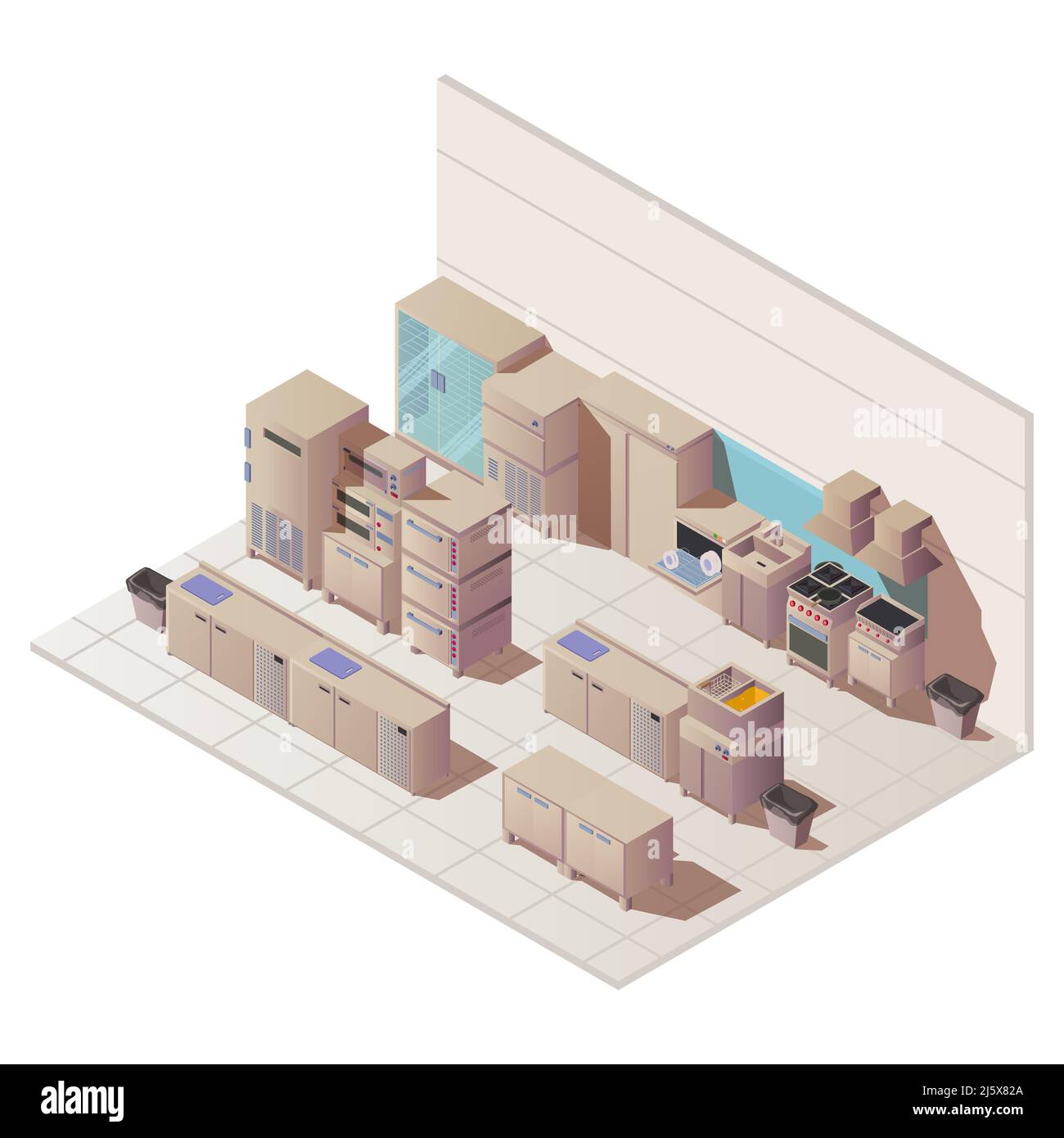 Empty isometric interior of restaurant kitchen. Vector flat illustration with sink, fridge and other cuisine equipment for professional cooking food i Stock Vector