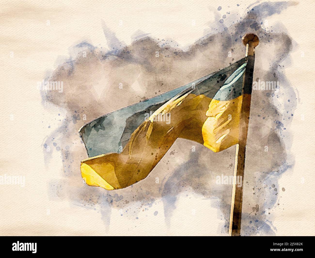 Watercolor painting of Ukrainian flag waving in the wind. Stock Photo