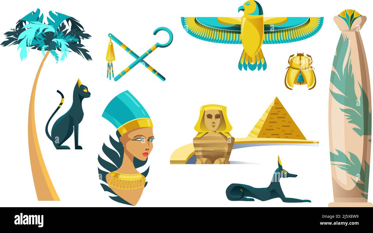 Ancient Egypt symbols. Vector icons set of sculptures of egyptian gods, sphinx, pyramid and signs of pharaoh power. Historical architecture, palm, gol Stock Vector