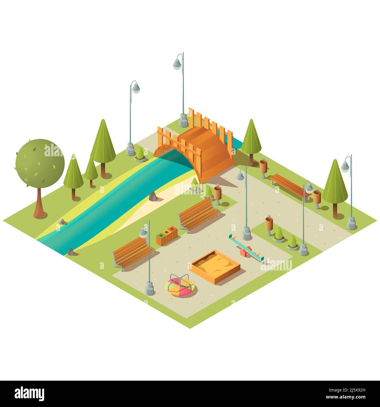 Isometric landscape of city green park with playground. Garden area with grass lawns, benches and bridge over river. Vector 3d carousel, seesaw swing Stock Vector