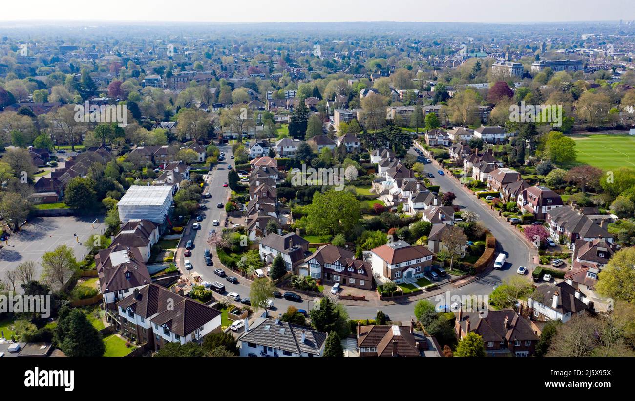 Aerial view of Foxgrove Avenue, taken from inside Beckenham Place Park Stock Photo