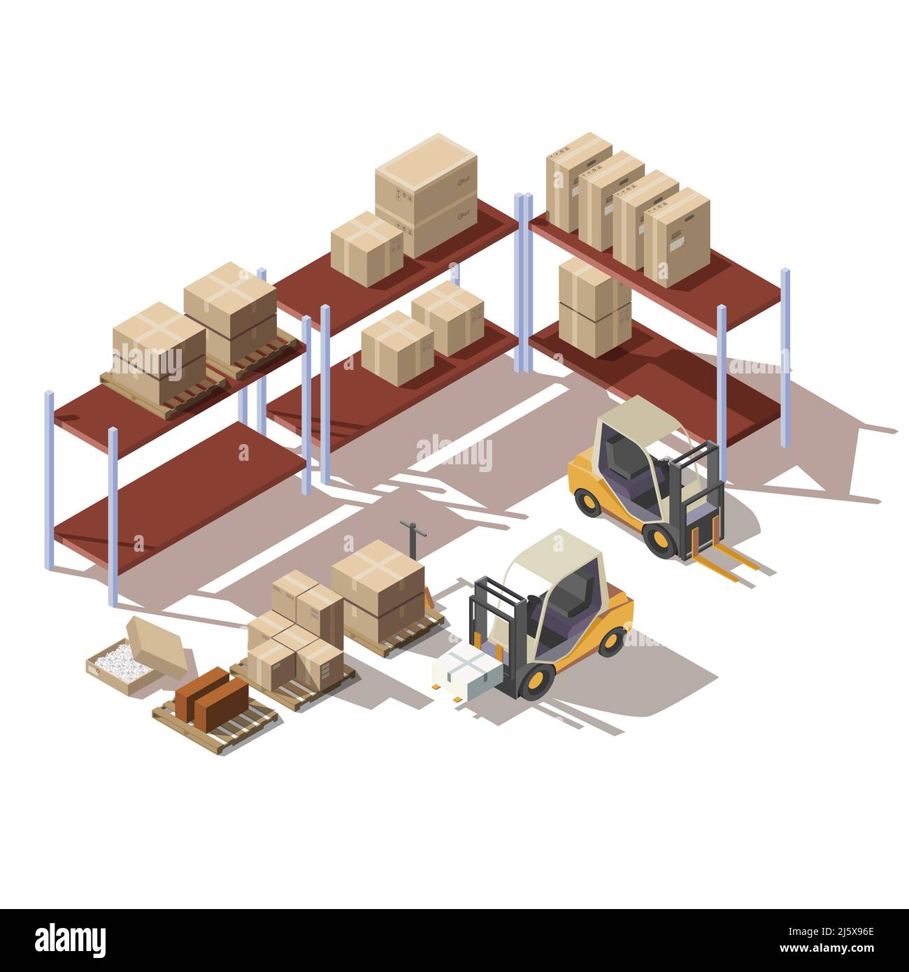 Isometric interior of warehouse with forklift trucks, cardboard package ...