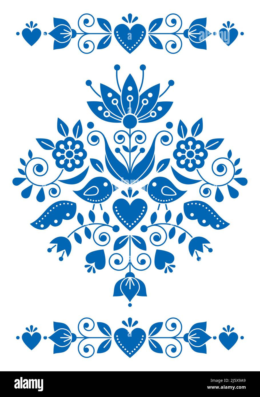 Swedish folk art vector greeting card or invitation design with birds and floral motif, navy blue pattern inspired by the traditional Scandinavian art Stock Vector