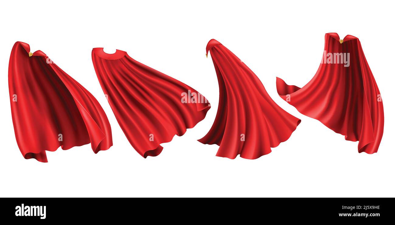 Red cloaks with golden clasp set. Silk flattering capes front, back and side view in different positions isolated on white background, superhero costu Stock Vector
