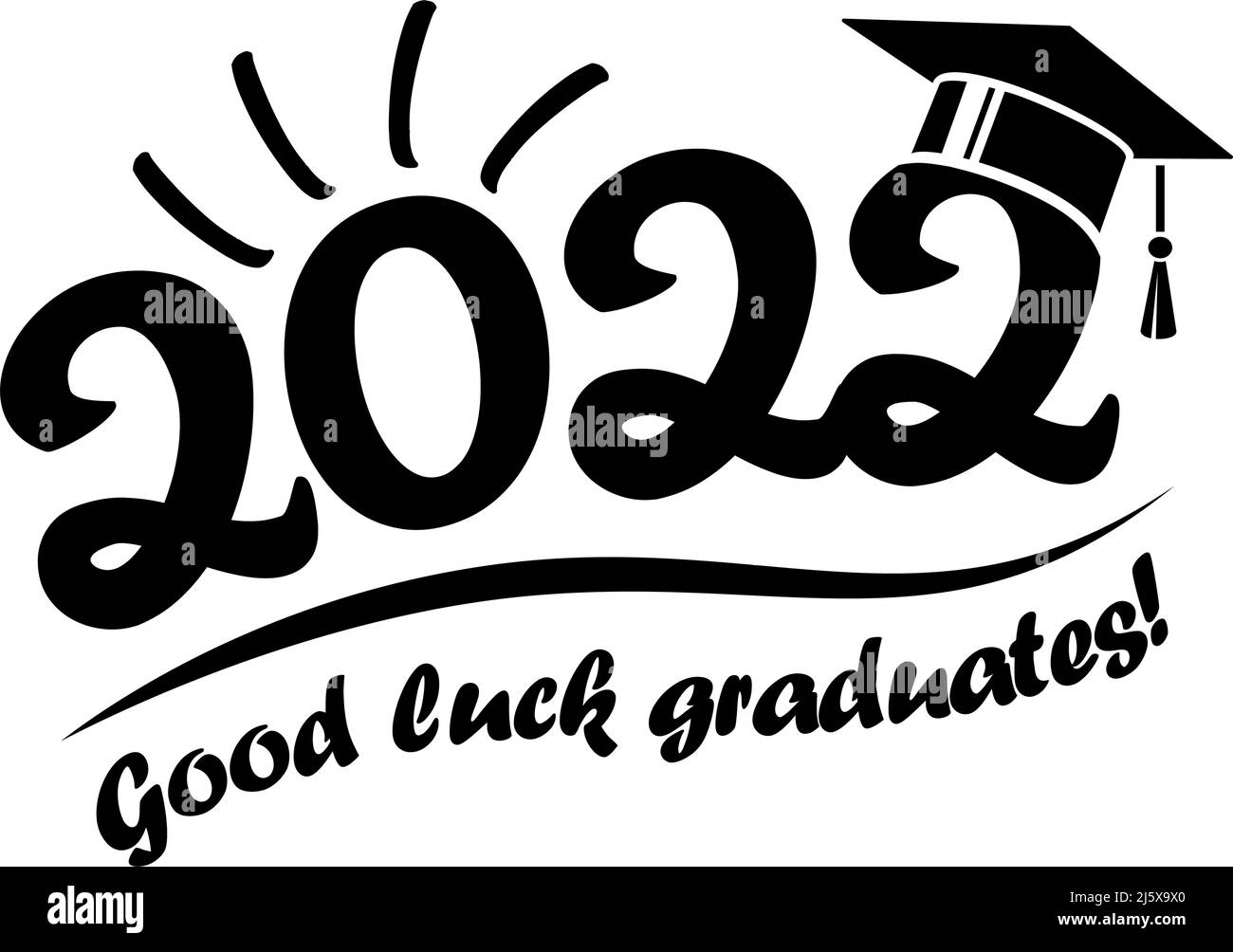 Good luck graduates! Class of 2020 with Graduation Cap and rising Sun. Flat simple vector design on transparent background. Stock Vector