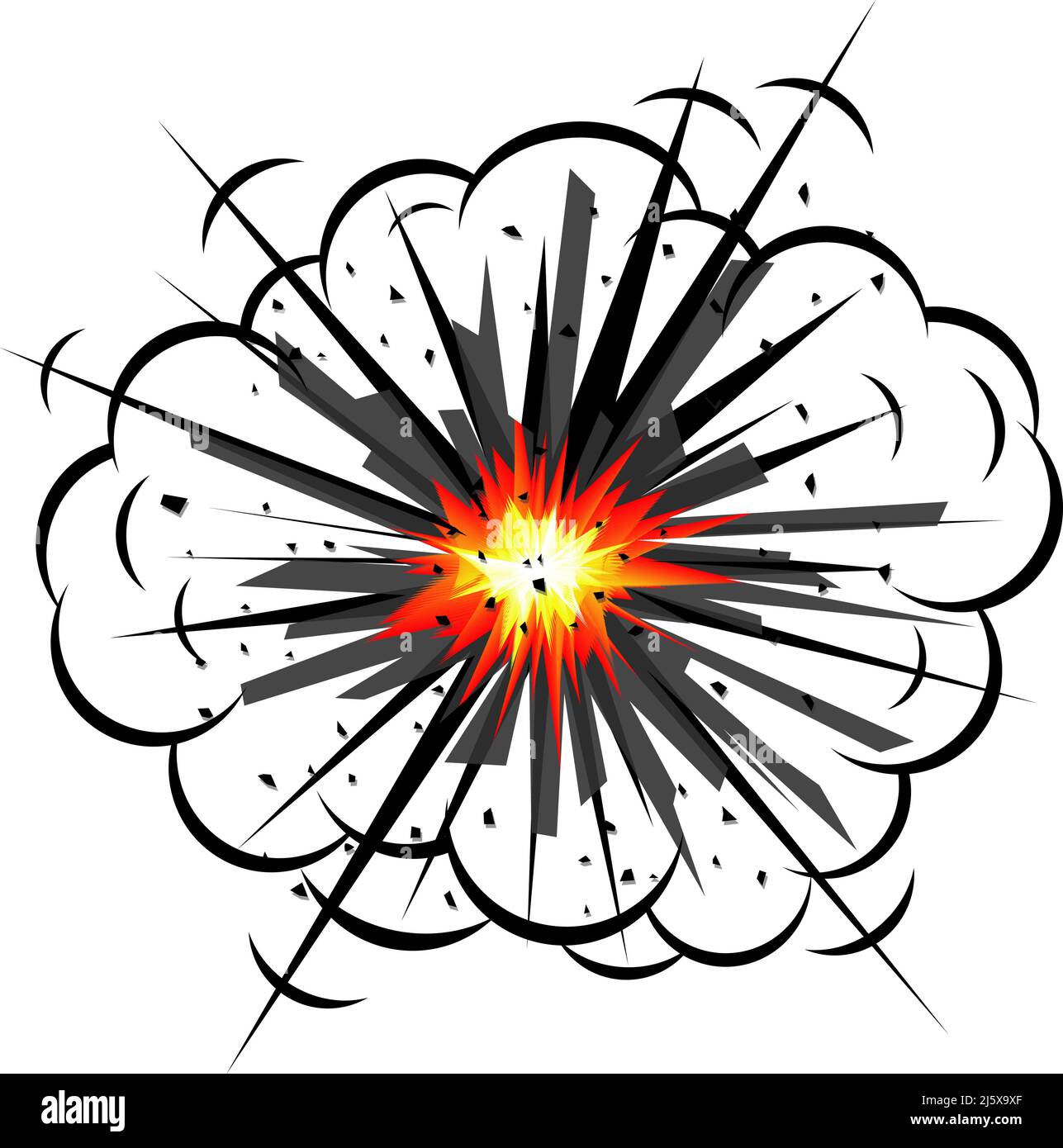 Explosion with flying pieces. Vector template on transparent background Stock Vector