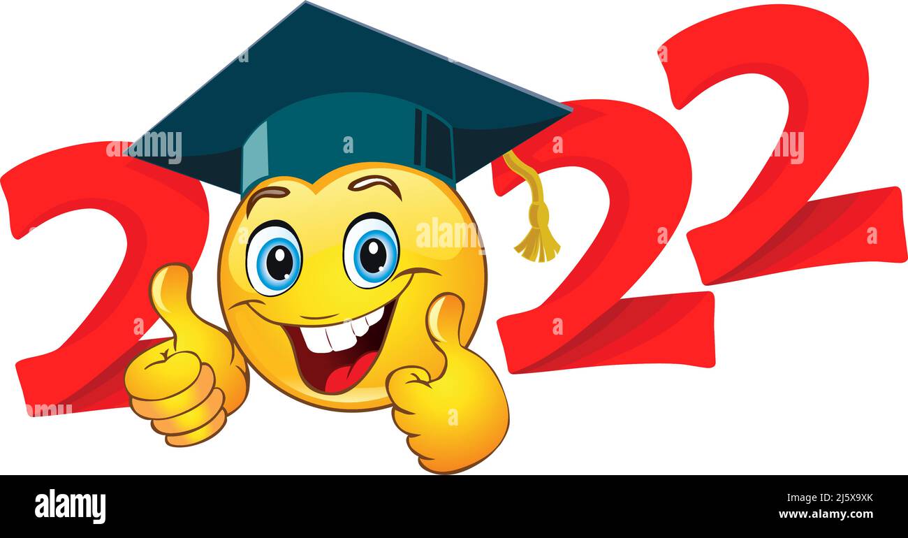 2022  emoji smile in graduation cap. Template for greeting, invitation card graduation party.  Vector on transparent  background Stock Vector