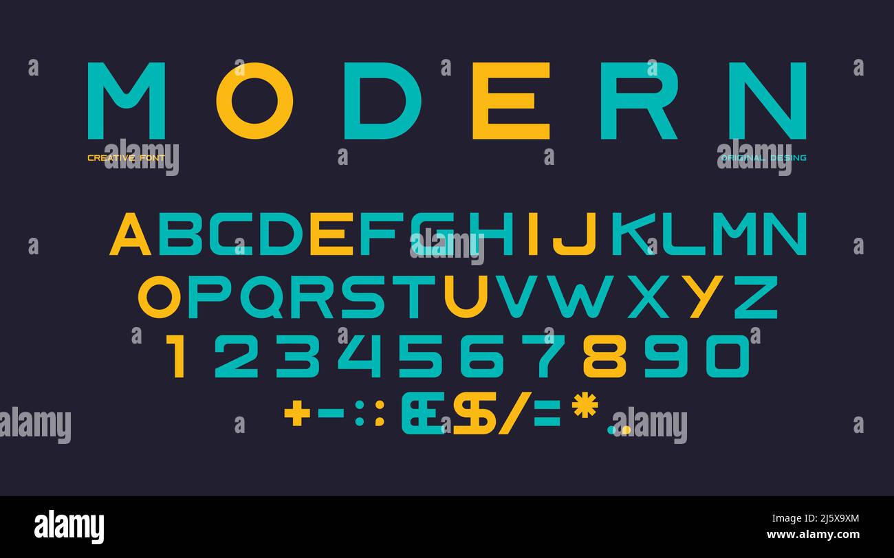 Latin font alphabet, numbers and punctuation, sans serif characters in