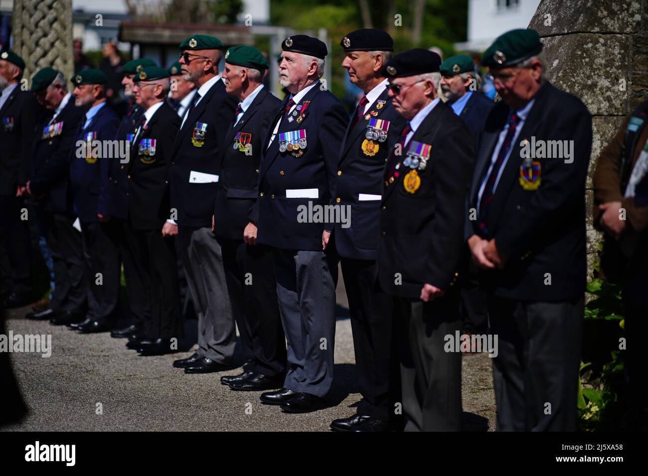Veterans at the funeral service for 96-year-old World War II serviceman and Royal British Legion fundraiser Harry Billinge, at St Paul's Church in Charlestown, Cornwall. Harry was just 18 when he was one of the first British soldiers to land on Gold Beach during the Battle for Normandy and was one of only four survivors from his unit. Picture date: Tuesday April 26, 2022. Stock Photo