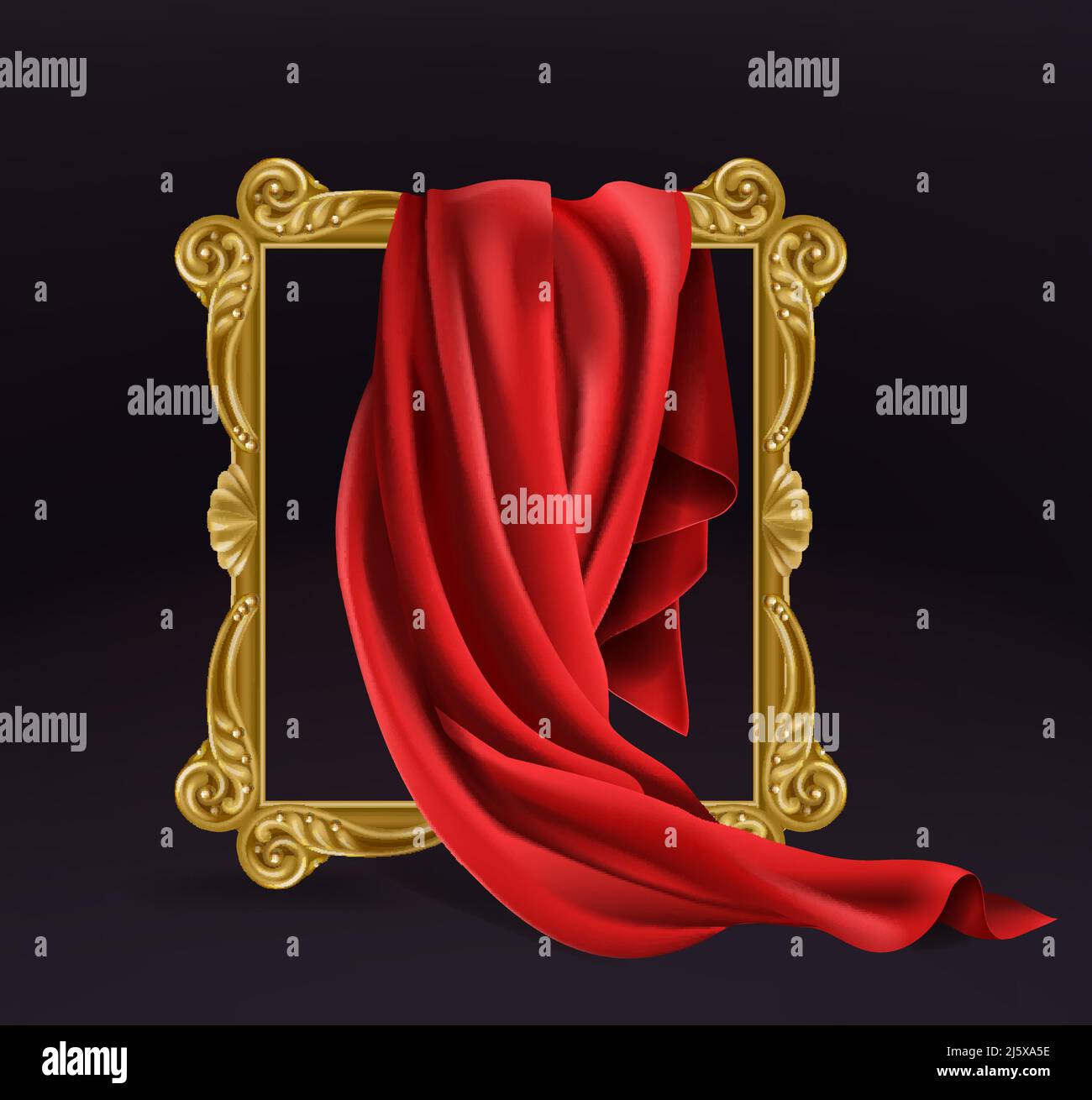 Red silk cloth cover wooden painting frame isolated on black background