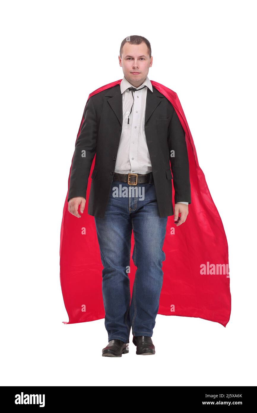 Businessman in a Superman cloak walking over white background Stock ...