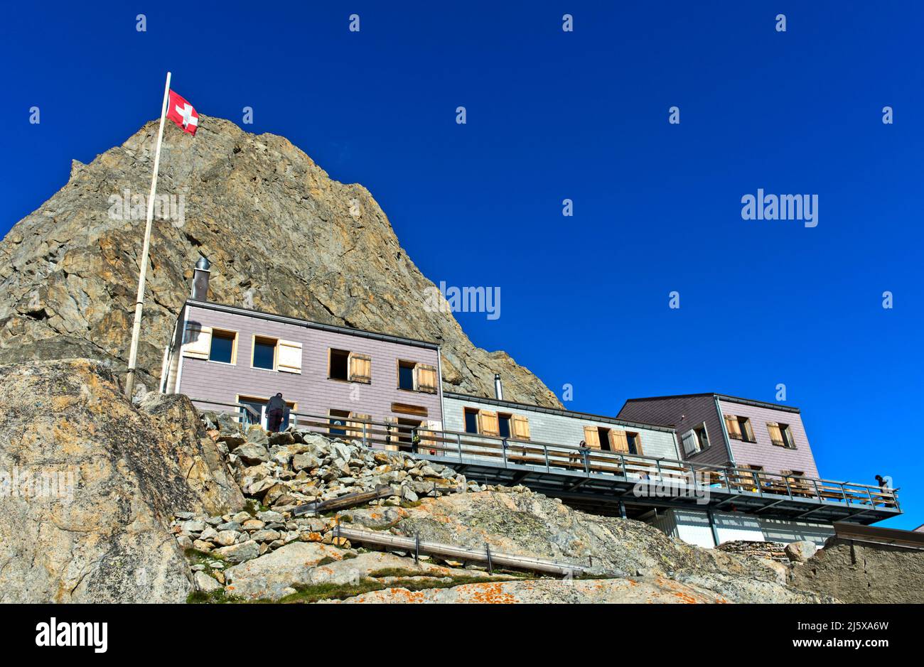 Mountain hut Konkordiahütte SAC, Grindelwald, Bernese Oberland, Switzerland Stock Photo