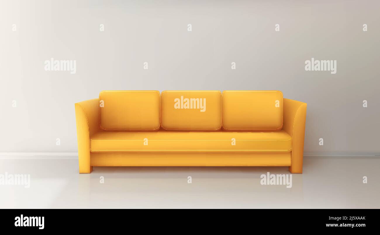 Yellow sofa in living room. Vector realistic orange couch for home, office or studio interior design. Comfortable lounge for resting or waiting Stock Vector