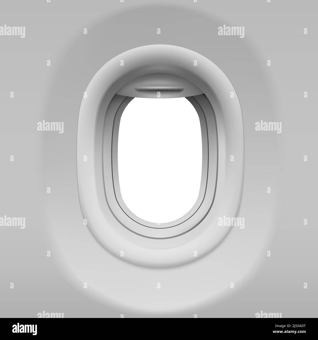 Aircraft window. Realistic airplane porthole with open shade. Vector template of plane interior illuminator with white background outside Stock Vector