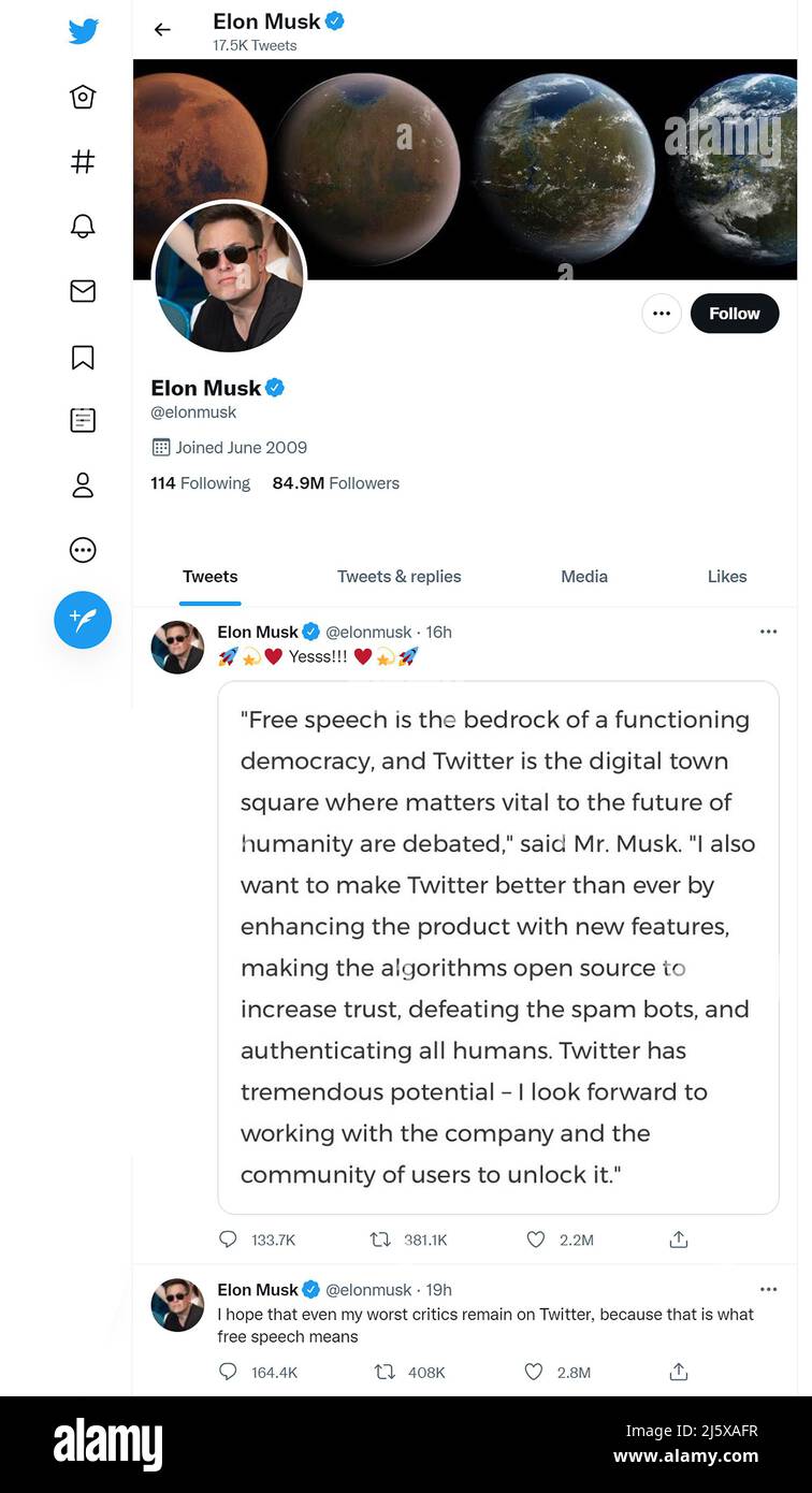 Twitter page of Elon Musk (new owner of Twitter - perhaps [edit]) 26th April 2022 Stock Photo