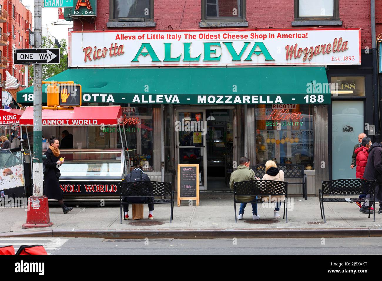 [historical storefront] Alleva Dairy, 188 Grand St, New York, NYC storefront photo of a cheese store in Manhattan's Little Italy neighborhood. Stock Photo