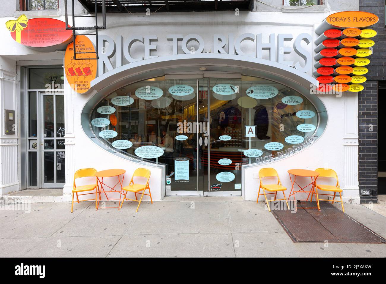 Rice To Riches, 37 Spring St, New York, NYC storefront photo of a rice pudding shop in the Little Italy, Nolita neighborhood in Manhattan. Stock Photo