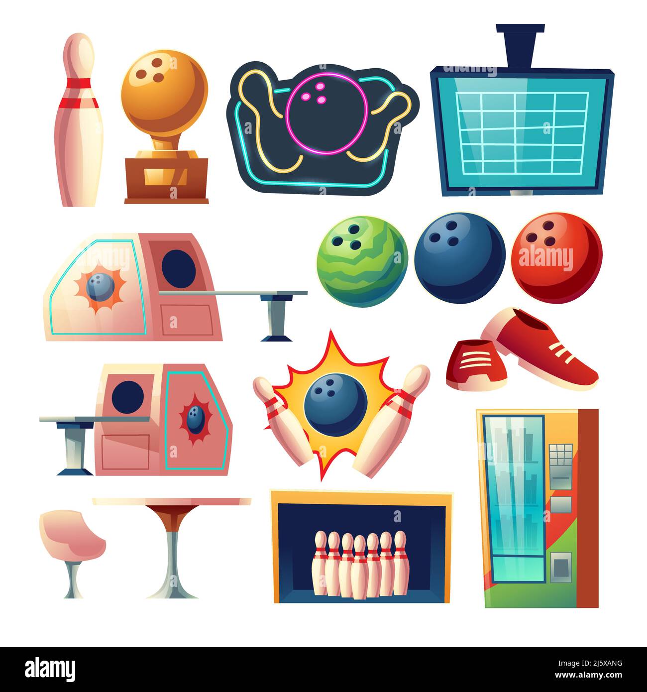 Bowling club equipment icons, design elements set isolated on white
