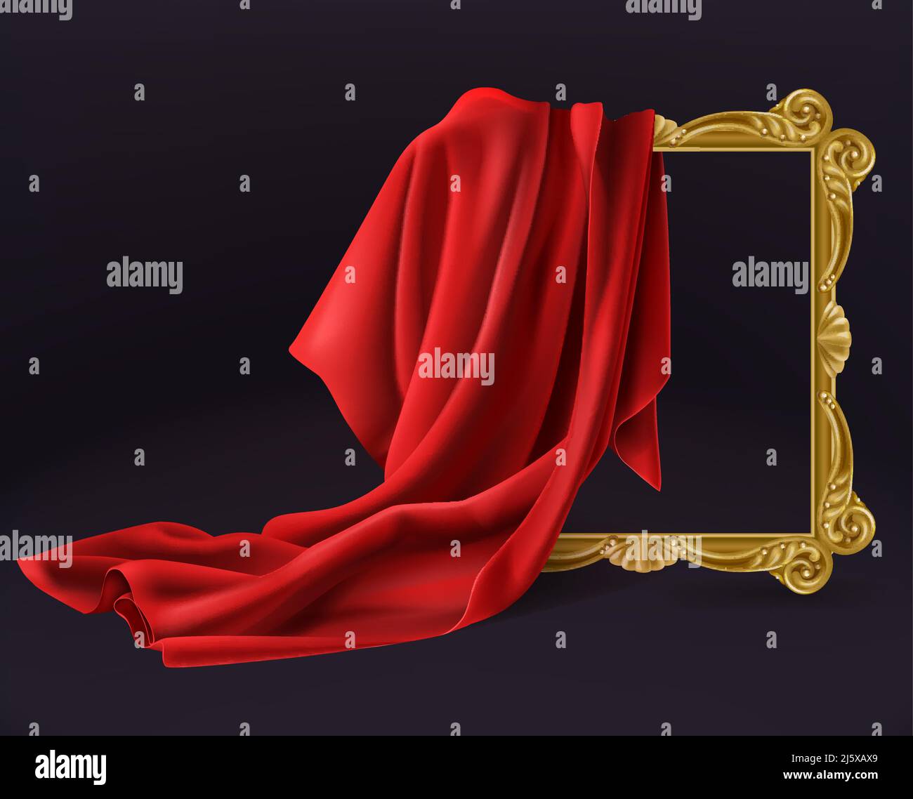 Red silk cloth cover wooden painting frame isolated on black background. Fabric drapery curtain and empty picture or photo border mockup for gallery p Stock Vector