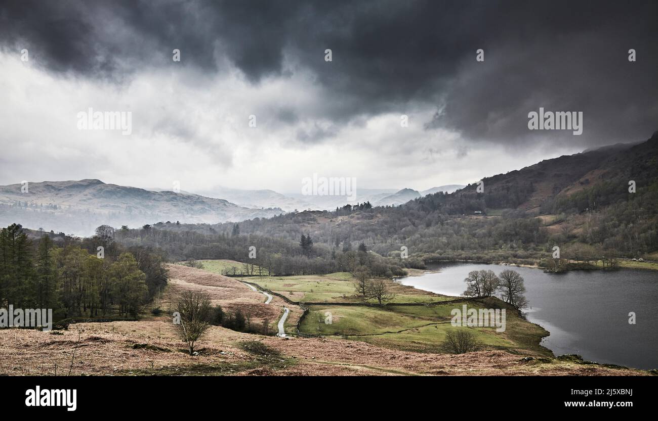 River Rothay, Lake District as seen from the hill side near Rydal Cave Stock Photo