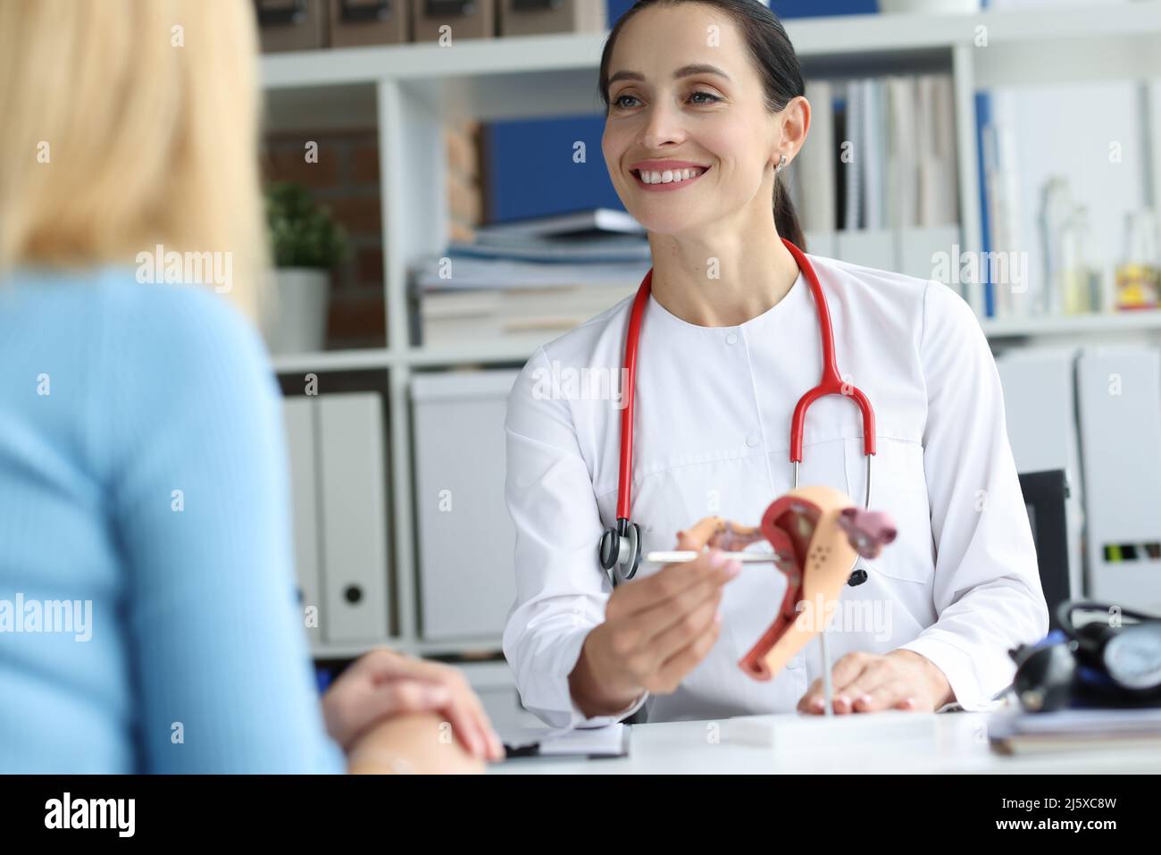 Doctor gynecologist showing and explaining female patients gynecological diseases on model of uterus and ovaries Stock Photo