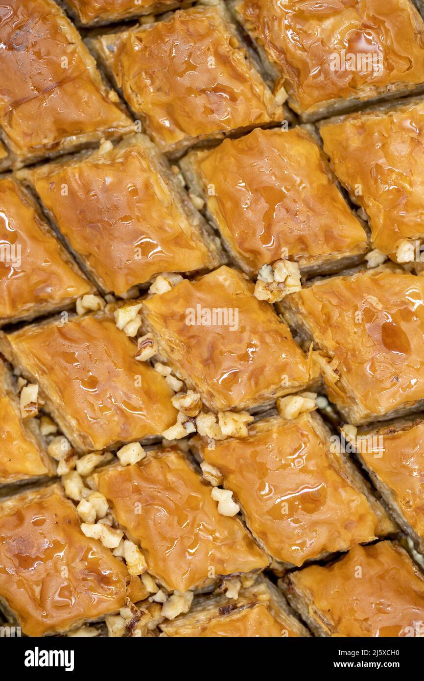 Walnut baklava. Closeup of baklava in a tray. local name cevizli