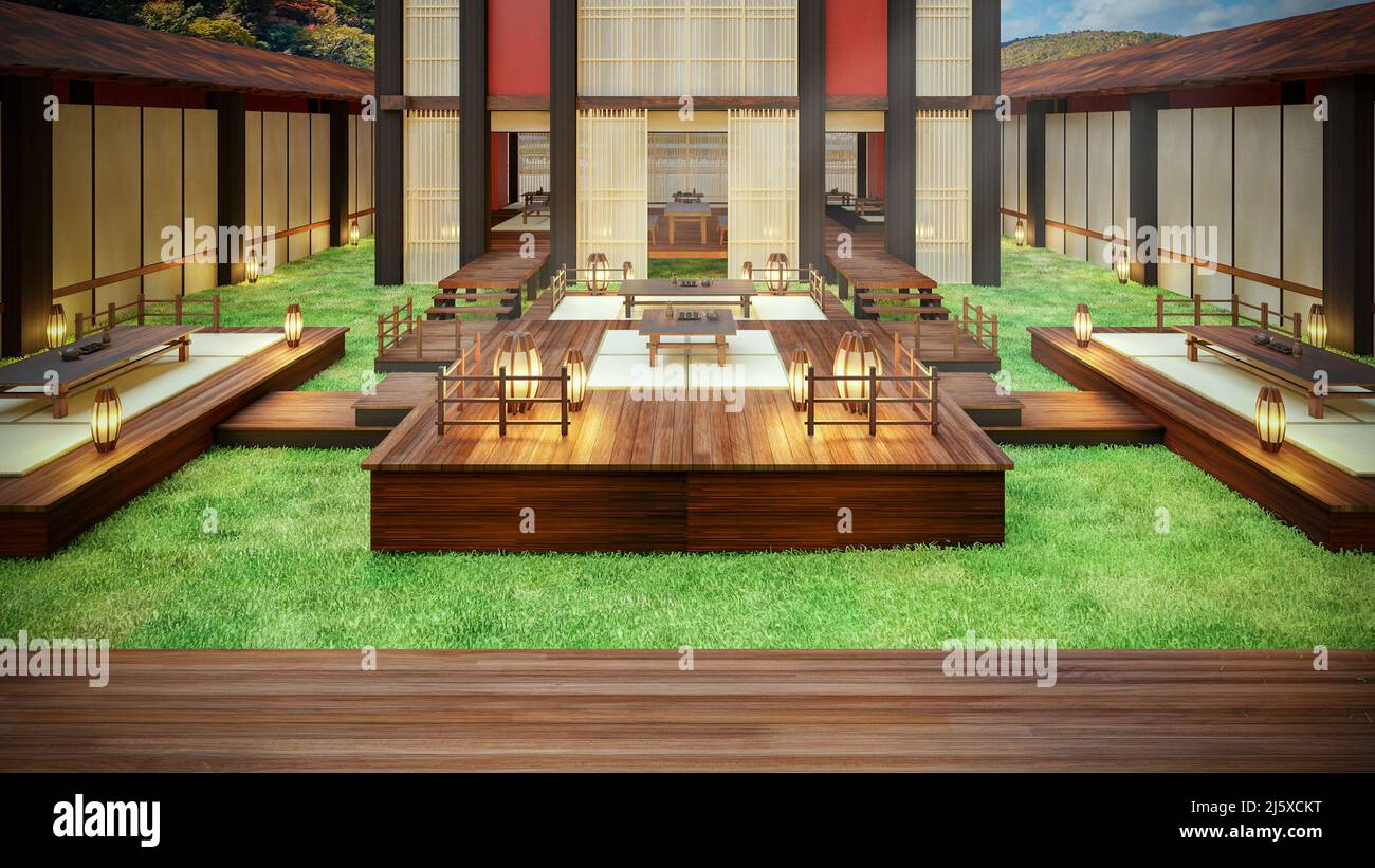 3D Rendering of A Chinese contemporary architecture with wooden ...