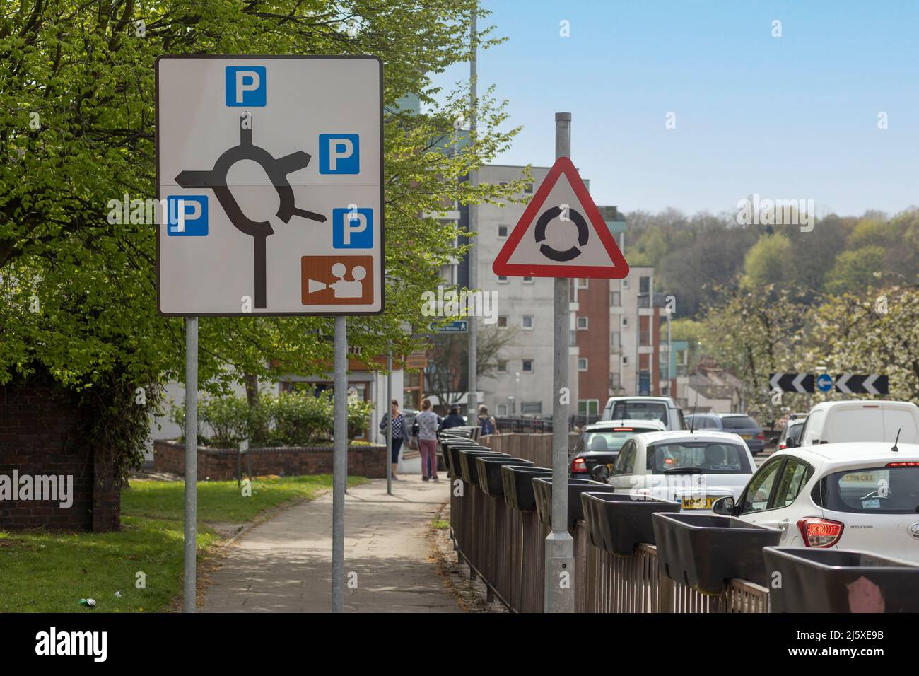 NewcastleunderLyme ,Staffordshireunited kingdom April, 14, 2022 traffic and road signs in NewcastleunderLyme ,Staffordshireunited kingdom April, 14, 2022 traffic and road signs in