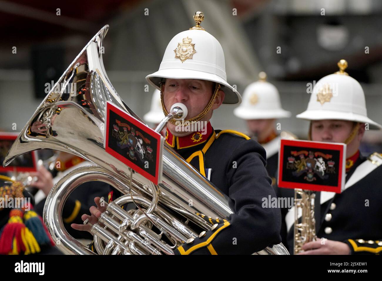 The Royal Marine Pipe Band plays during the Keel Laying Ceremony for ...