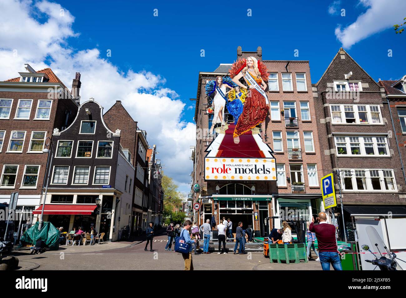 Jordaan, Amsterdam. 26 Apr 2022. Traditional annual facade decoration for  King's Day at cafe De Blaffende Vis in the Westerstraat in Amsterdam's  Jordaan. This year are depicted Princess Amalia, (miss no allowance)