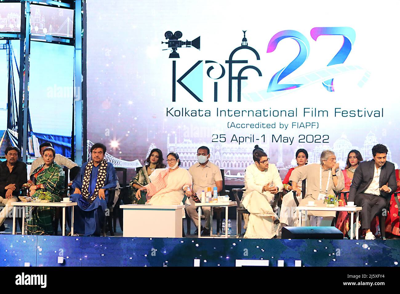 Kolkata, West Bengal, India. 25th Apr, 2022. 27th Kolkata International Film festival at Nazrul Mancha on April 25, 2022 in Kolkata, India.The festival will also offer a centenary tribute to Hungarian filmmaker Miklos Jancso and filmmaker and critic Chidananda Dasgupta. Finland is the focus country this year and about half-a-dozen films including Tove by Zaida Bergroth and The Other Side Of Hope by Aki Kaurismak will be screened.Actor-turned-politician Shatrughan Sinha, who was the chief guest at the inauguration, said he would remain a fan of Satyajit Ray and Raj Kapoor all his life. Mr. Si Stock Photo
