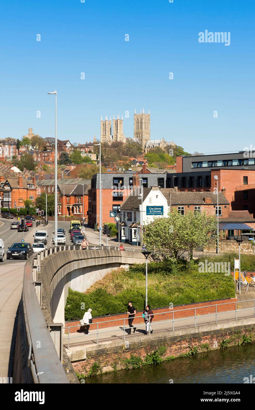 Lincoln, an historic cathedral city in the county of Lincolnshire, UK.The picture shows the start of the city's waterfront - Brayford Wharf - in the Stock Photo