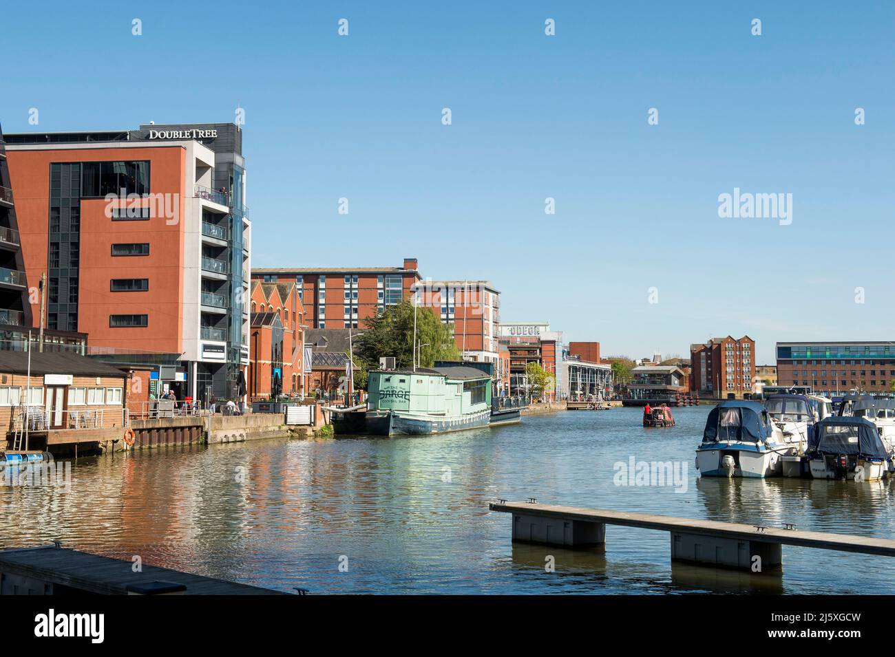 Lincoln, an historic  cathedral city in the county of Lincolnshire, UK.The picture shows the city's waterfront - Brayford Wharf - including boats, re Stock Photo