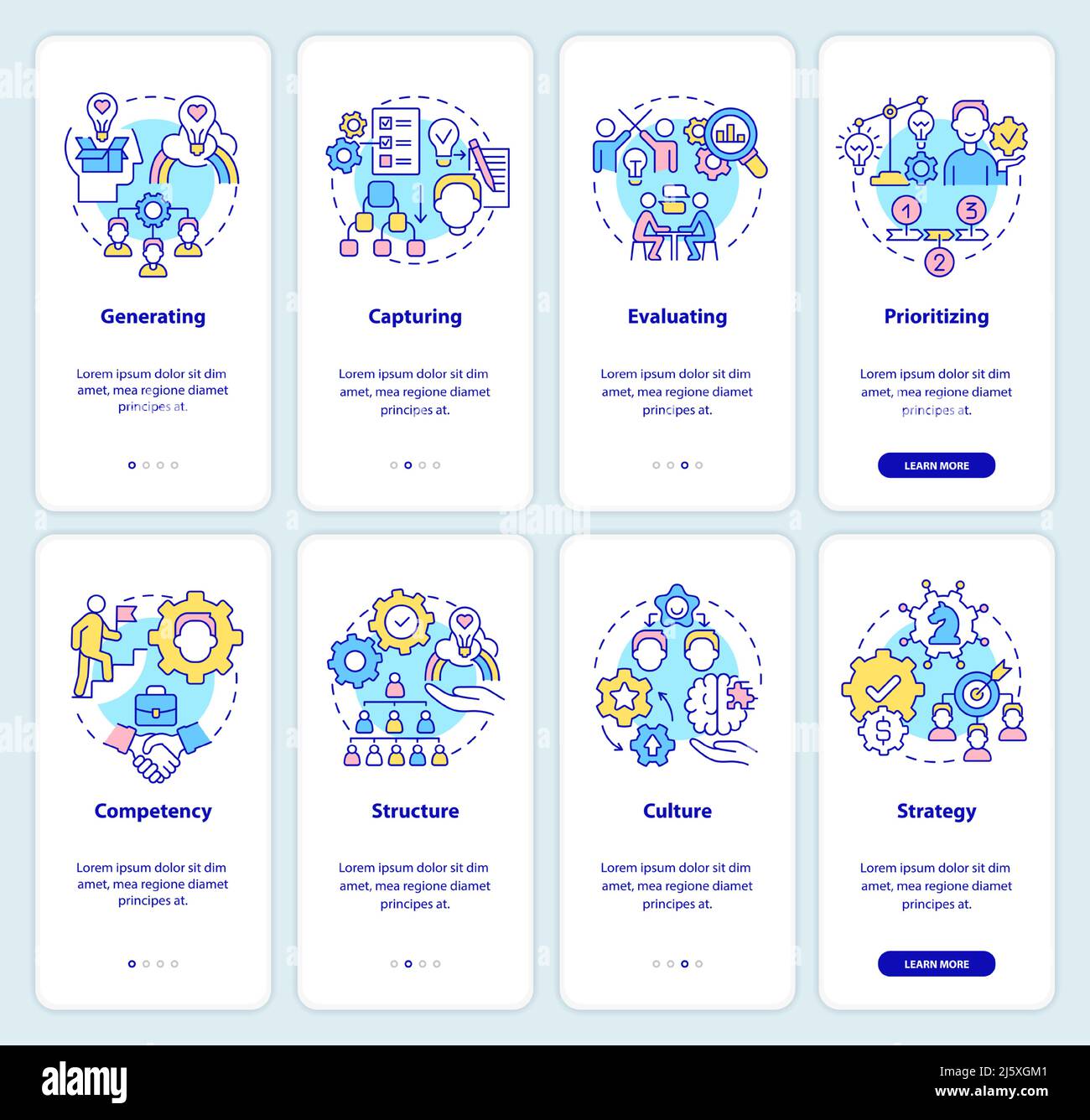 Innovation management steps and pillars onboarding mobile app screen ...