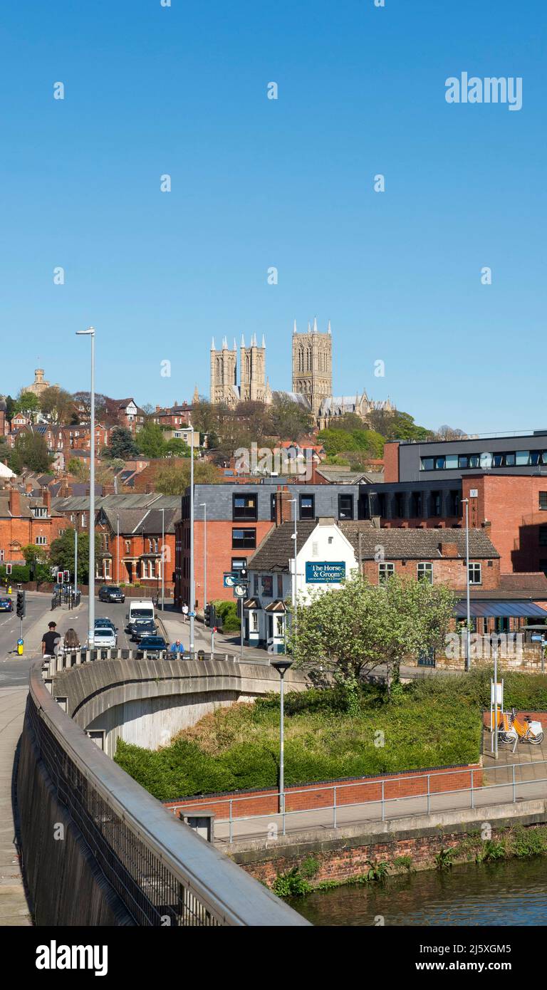 Lincoln, an historic cathedral city in the county of Lincolnshire, UK.The picture shows the start of the city's waterfront - Brayford Wharf - in the Stock Photo