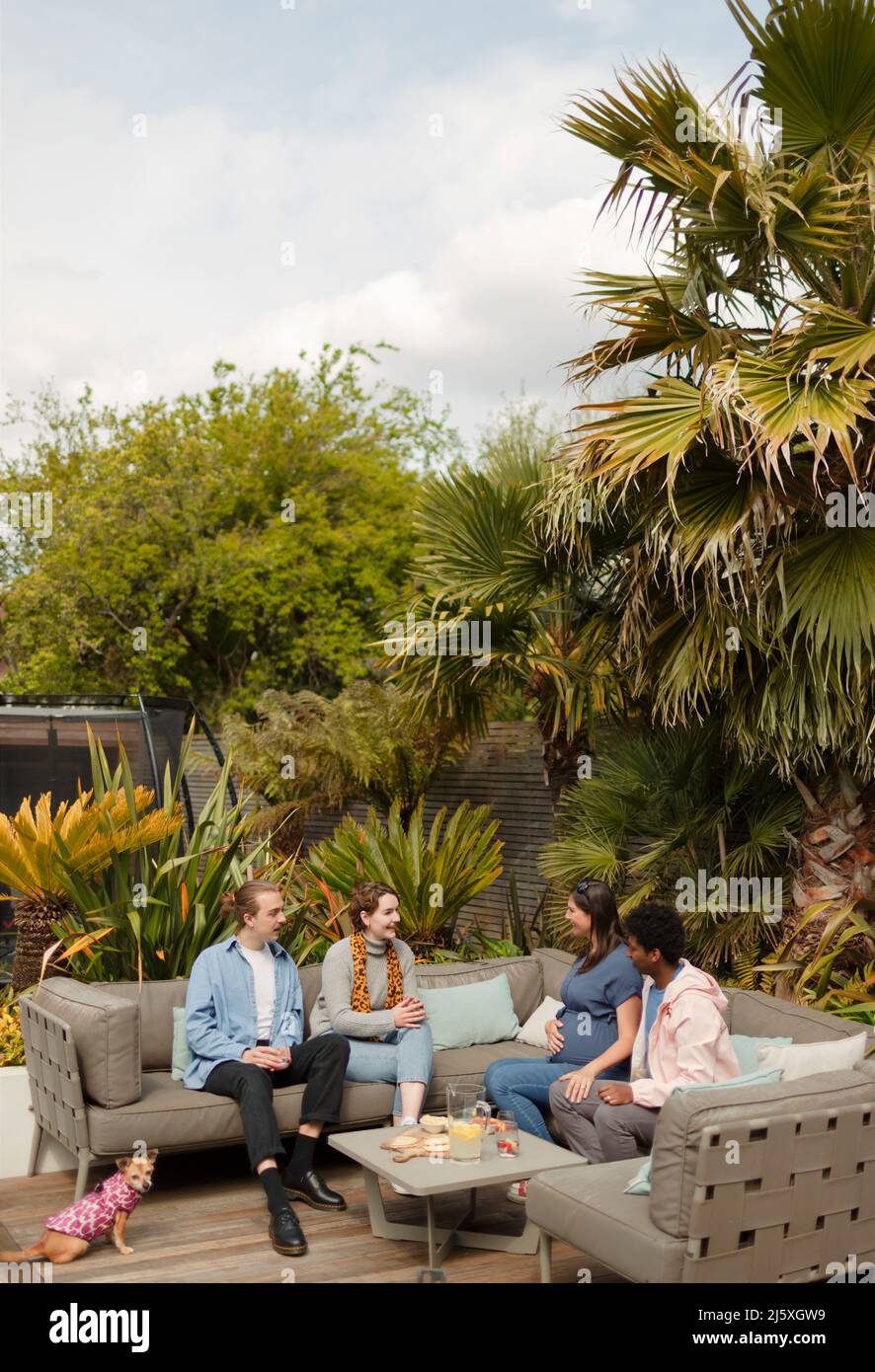 Couple friends talking on patio sofa Stock Photo Alamy