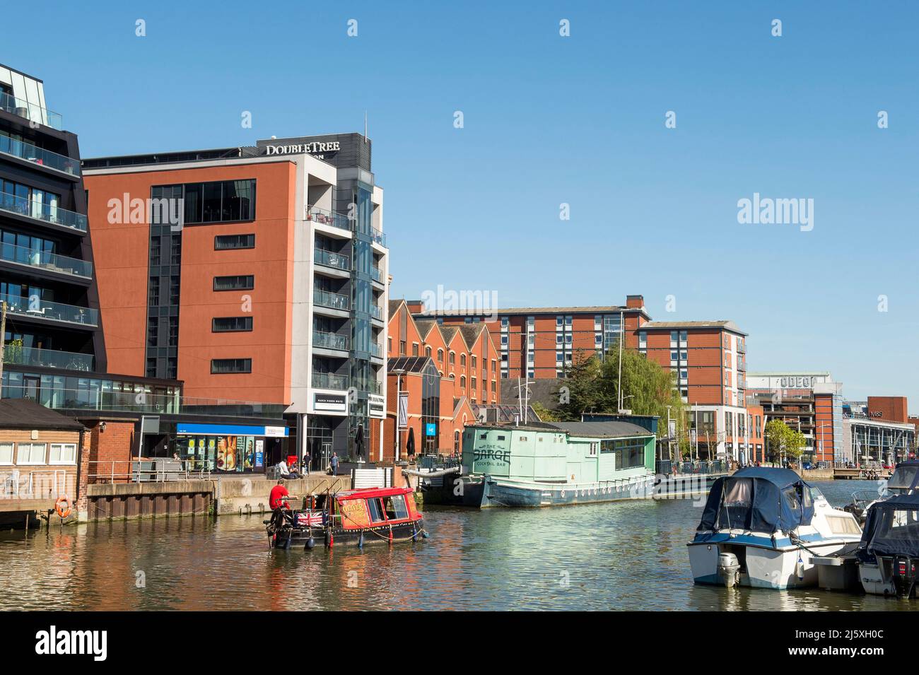 Lincoln, an historic  cathedral city in the county of Lincolnshire, UK.The picture shows the city's waterfront - Brayford Wharf - including boats, re Stock Photo