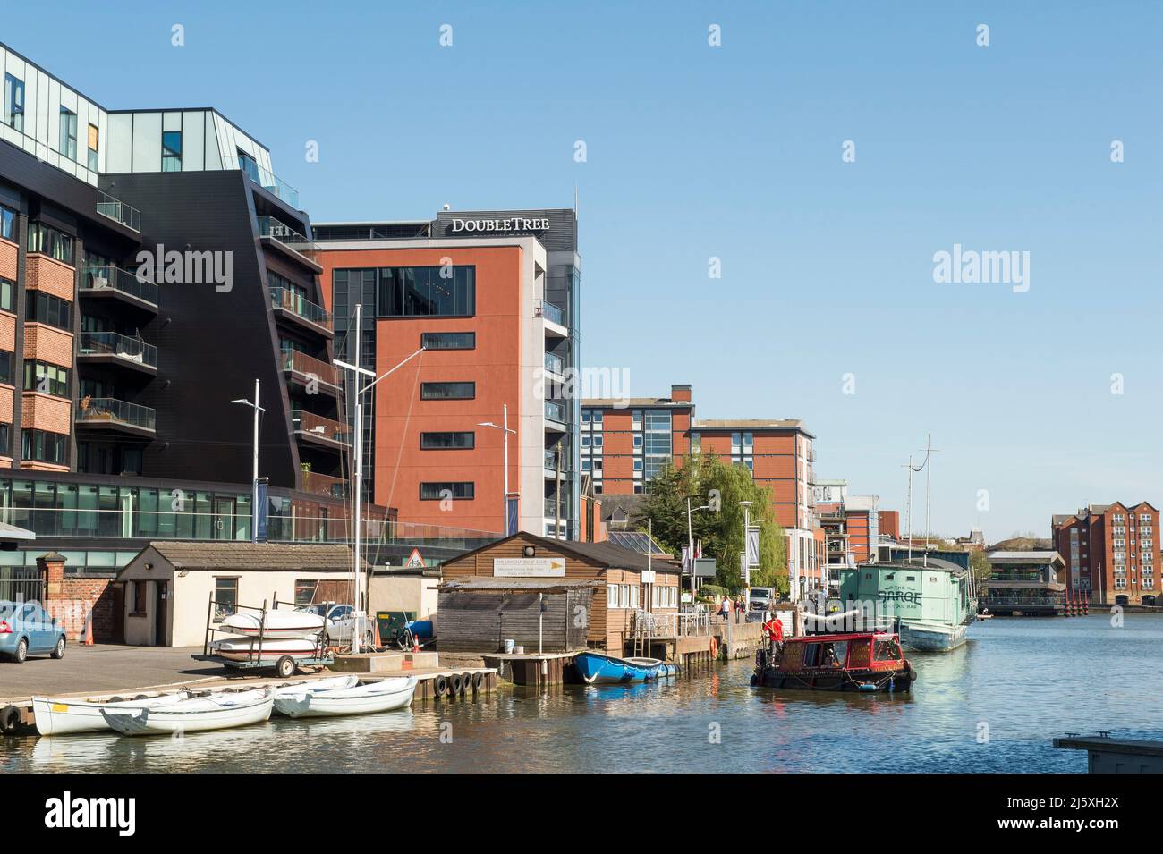 Lincoln, an historic  cathedral city in the county of Lincolnshire, UK.The picture shows the city's waterfront - Brayford Wharf - including boats, re Stock Photo
