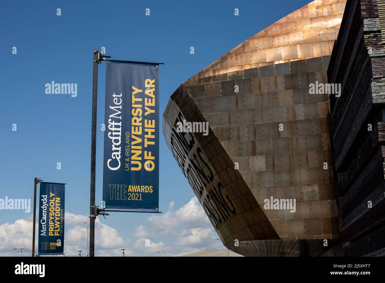 Cardiff Met University banners outside the Wales Millennium Centre in