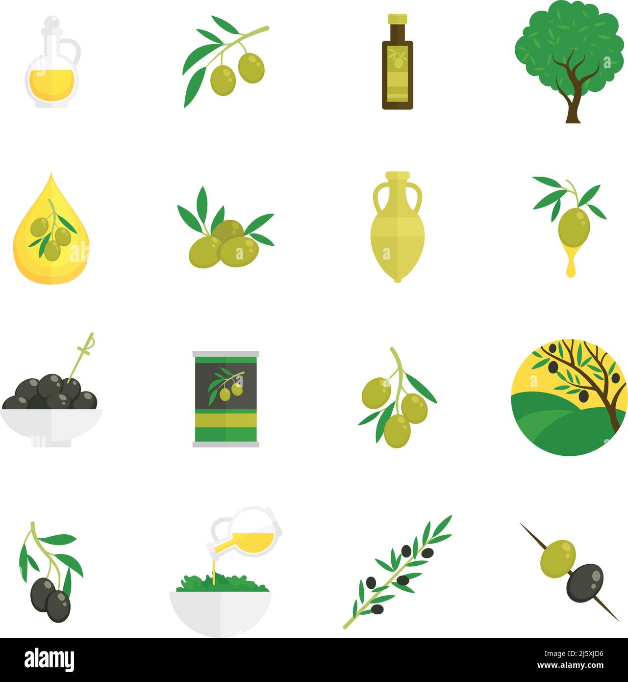Olives flat icons set with tree oil branch leaf isolated vector illustration Stock Vector