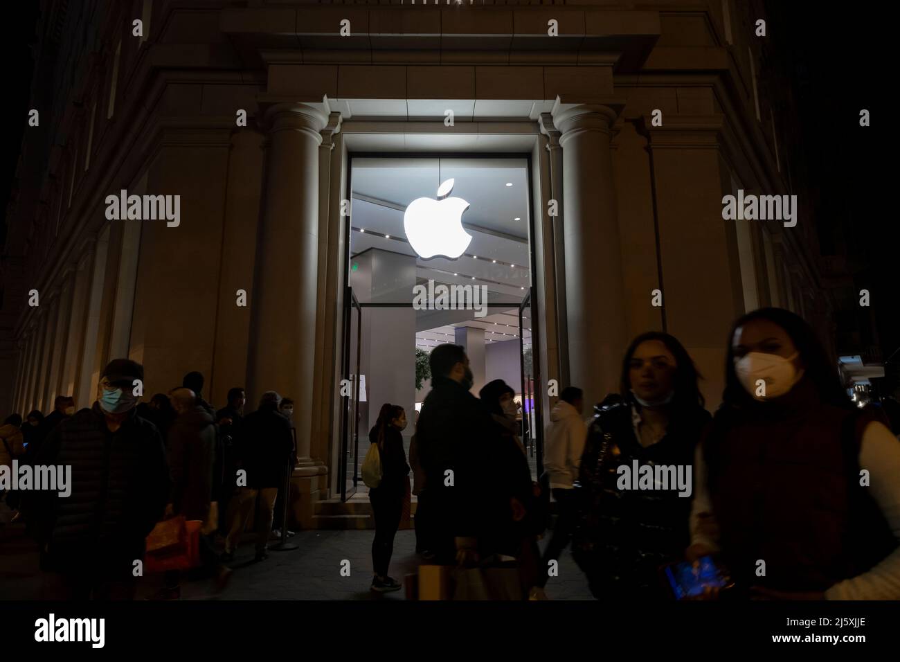 Barcelona, Spain - Jan 07, 2022: Apple iphones and electronics store, in Paseo de Gracia, one of the main avenues of the city, with Plaza Catalunya Stock Photo