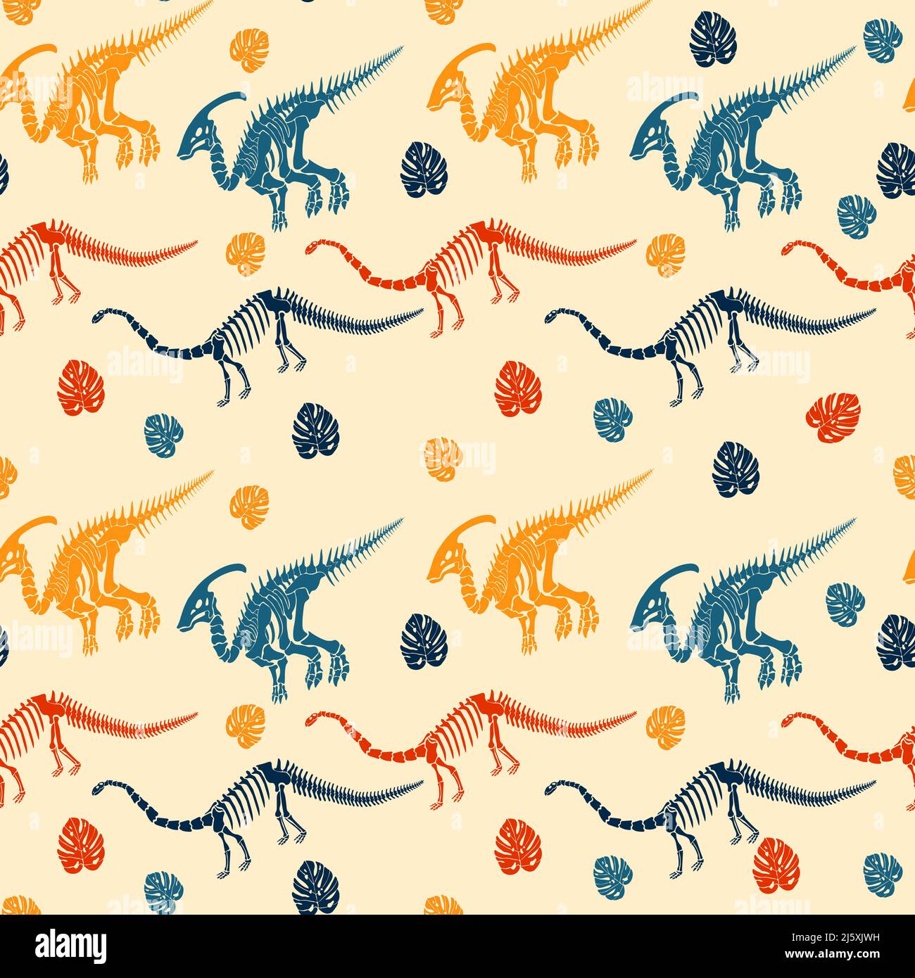 Seamless vector pattern with dinosaur skeleton.  Stock Vector