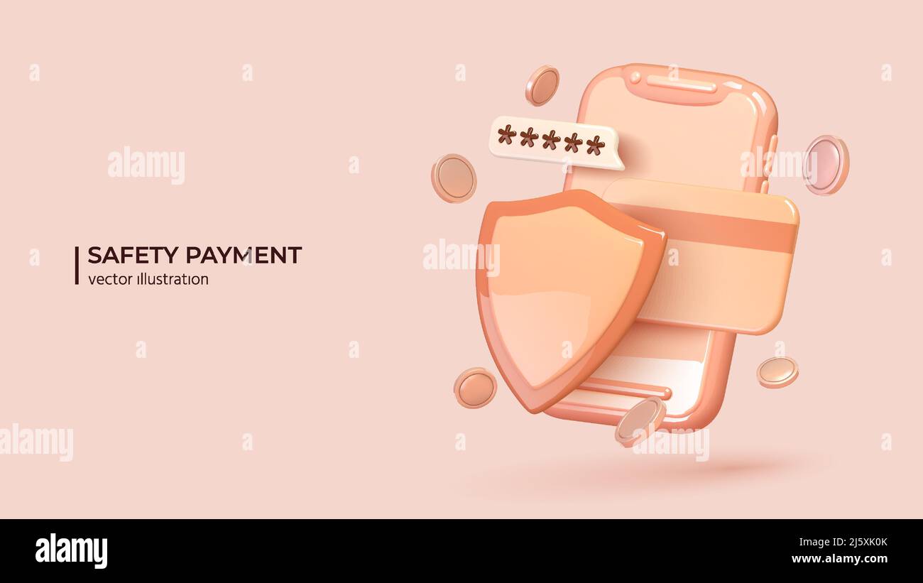 Safety payments concept. Realistic 3d shield with password on smart wallet and credit card over smartphone. The concept of mobile phone and personal data protection. Vector illustration Stock Vector